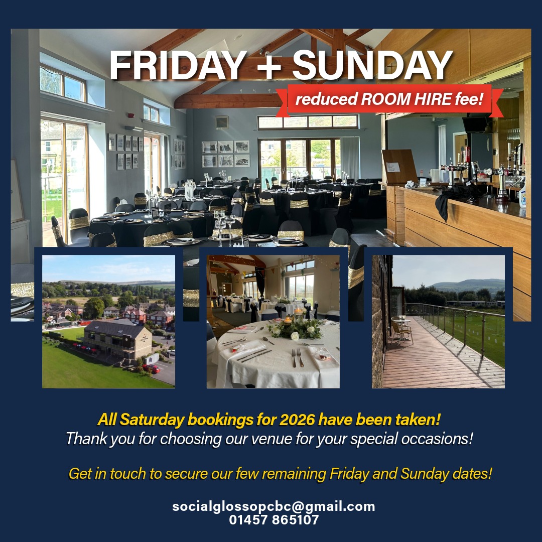 GlossopCC's tweet photo. 2026 Saturdays are FULLY BOOKED 🎉 
Thank you 🙏💙

We’ve still got limited Friday &amp; Sunday dates available with a reduced room hire fee ✨

Perfect for weddings, parties &amp; special events.

Book now before they’re gone!
https://t.co/dvXTvf8R3G https://t.co/3qmFNDDIh0