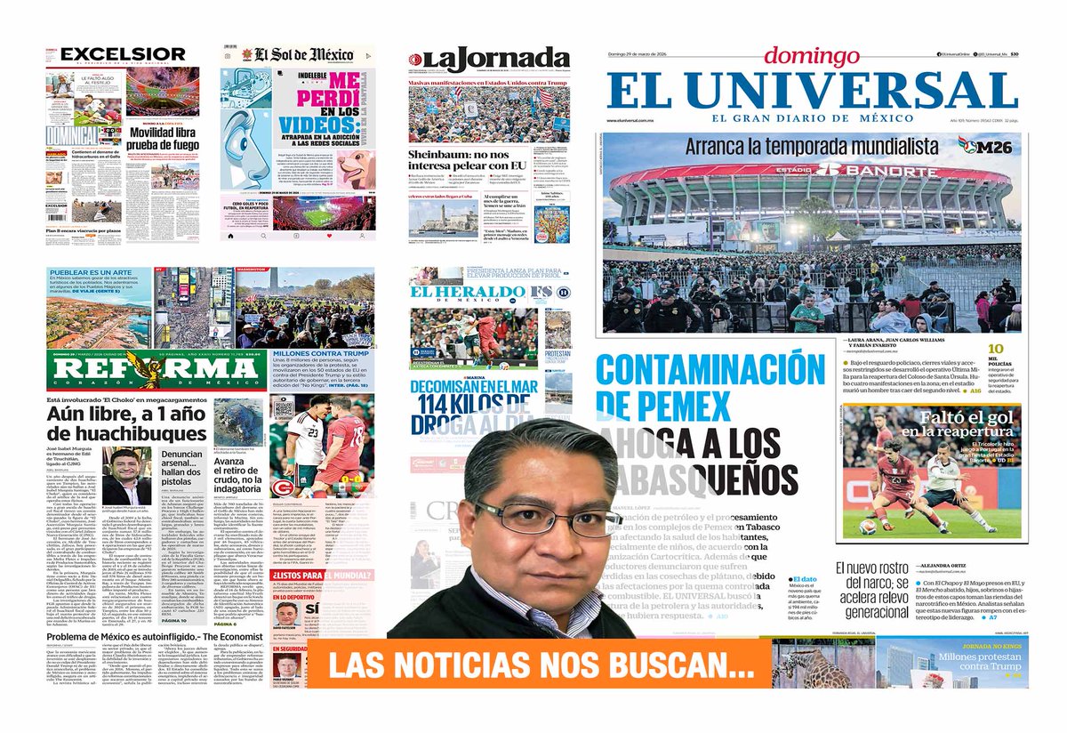 MCasiqueOlivos's tweet image. #LasNoticiasNosBuscan I Buen día. Te comparto las #Portadas de los diarios nacionales de hoy domingo 29 de marzo de 2026. #Contaminación de @Pemex ahoga a los tabasqueños. No nos interesa pelear con Estados Unidos. Atrapada en la adición a las #RedesSociales. Decomisan en el mar