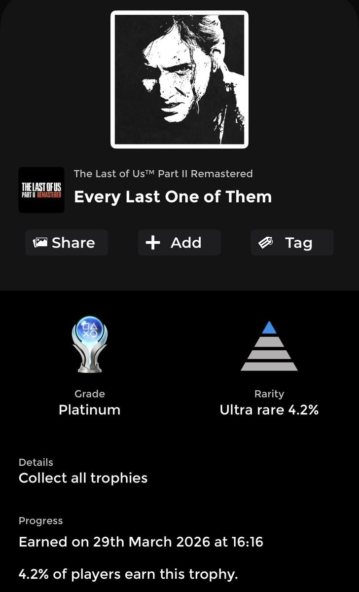 SMAHM_'s tweet photo. PS5( The Last Of Us Part 2
Difficulty: 2/10
🏆 432

The one below is the version 4 that I’ve been playing since day one of release and now I’ve finally gotten the Platinum in the remaster https://t.co/g11vslfaYR