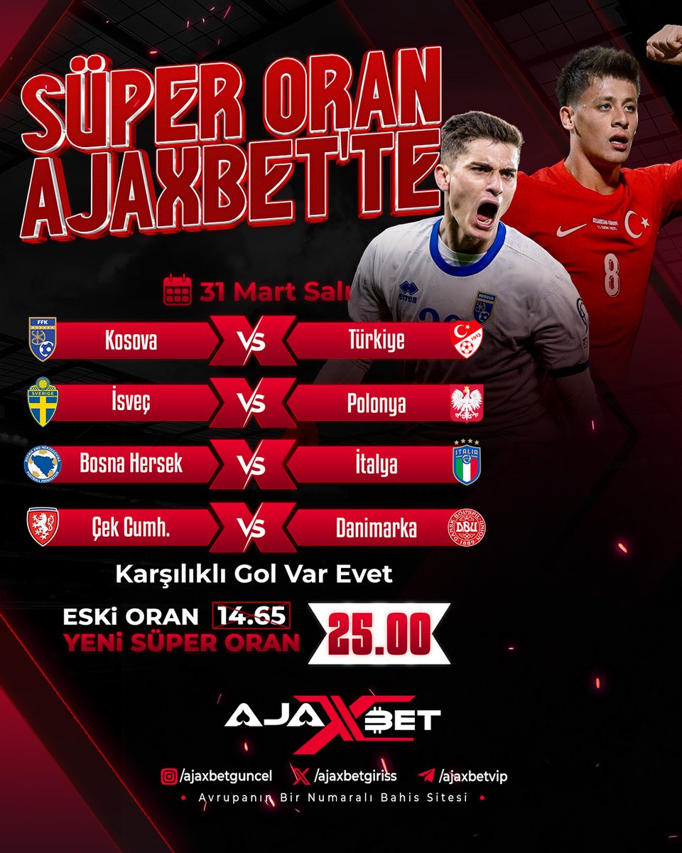 ajaxgiriss's tweet image. 31 Mart Dünya Kupası kapıları aralanıyor💥
14.65’i yırtıp 25.00’a geçiyoruz! 
Kim bu ateşli fırsatı değerlendirip sahayı domine etmek istiyorsa tam zamanı! 🔥
Sen de bu şahlanan enerjinin parçası ol ve büyük vuruşu yap! #KosovaTürkiye #DünyaKupasıPlayoff
