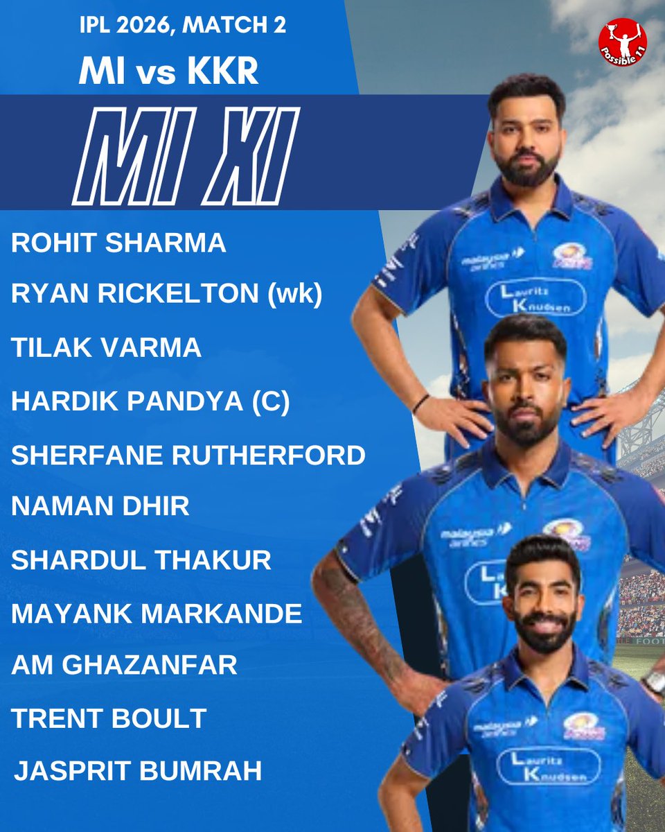 Possible11team's tweet photo. Captain Hardik Pandya has submitted the Playing XI of Mumbai Indians against KKR tonight 🔥💙
A Surprising XI as no Surya Kumar Yadav in the Starting XI 😳
#MI #IPL #PlayingXI #TeamMI https://t.co/gOBlFTOFWb