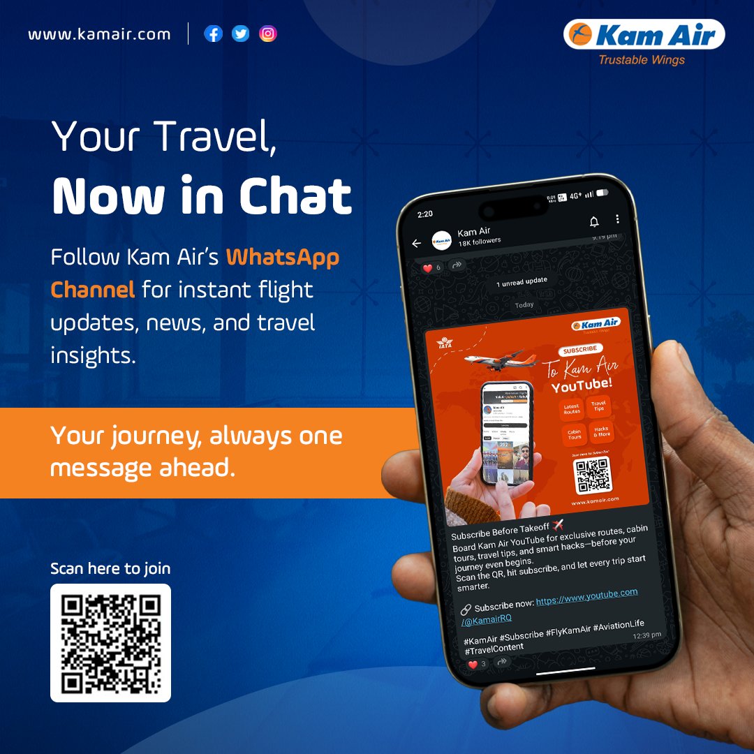KamairRQ's tweet image. Flight Info at Your Fingertips
From flight changes to travel tips, Kam Air keeps you informed in real time—right where you chat.

#KamAir #WhatsAppUpdates #FlyKamAir #TravelSmart #FlightAlerts #DigitalTravel