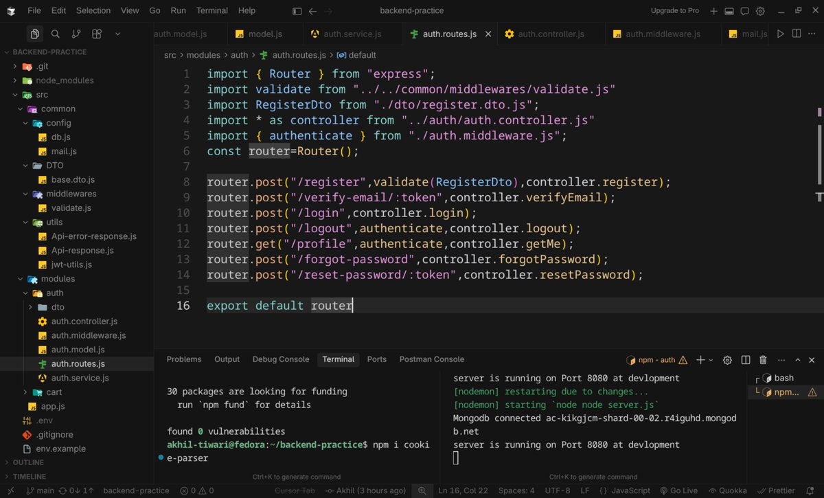 akhilcodes's tweet photo. Auth system done from scratch ✅
Handled:
signup, login, logout
email verification
forgot/reset password
profile access
Used Nodemailer + Mailtrap for email flow
Next: rebuilding everything with Postgres
@ChaiCodeHQ
@Hiteshdotcom
@piyushgarg_dev
@nirudhuuu
@yntpdotme
@devwithjay https://t.co/9IrTJ8d7Cz