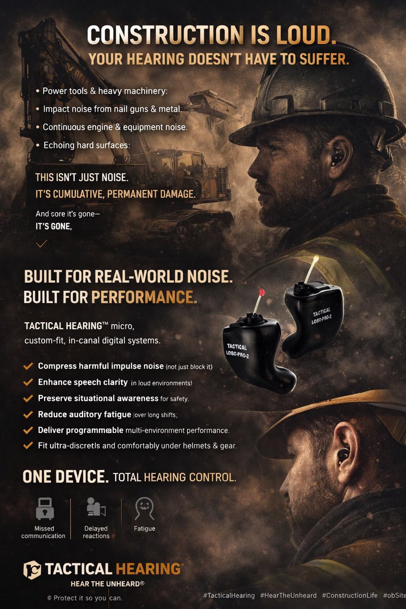 tacticalhearing's tweet photo. 👷‍♂️ Construction Is Loud. Your Hearing Doesn’t Have to Suffer.

Every day on the job site, your ears take a beating:

• Power tools &amp; heavy machinery
• Impact noise from nail guns &amp; metal

This isn’t just noise.

It’s cumulative, permanent damage.

And once it’s gone—
it’s gone. https://t.co/atncFqX82N