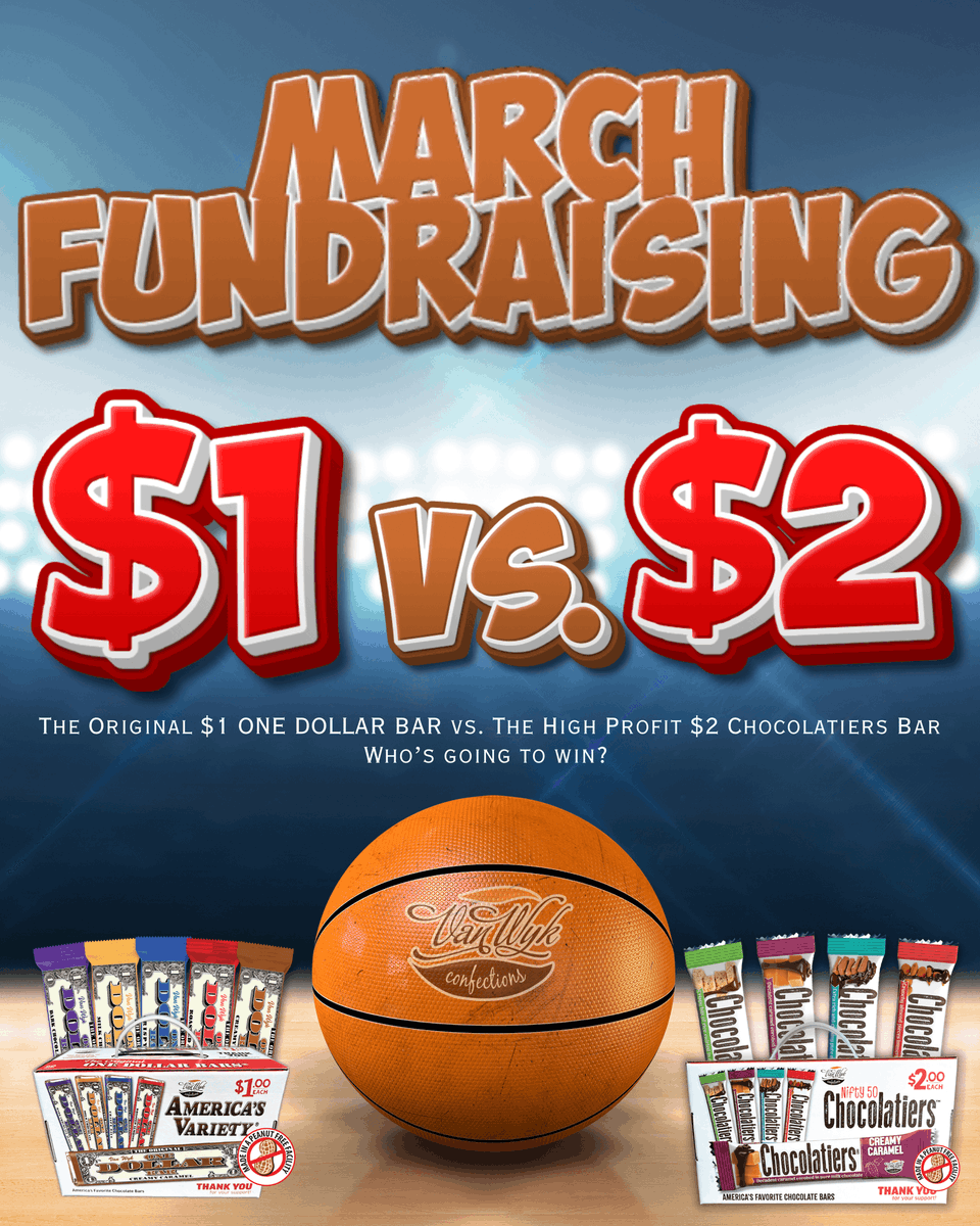 vwconfections's tweet photo. 🏀 Tournament time showdown: $1 chocolate bars vs. $2 chocolate bars.

Two winning options—one easy fundraiser.

$1 = easy to sell, $2 = higher profits. Who's going to win? #vanwykconfections #vanwykfundraising https://t.co/PKu8Yrfxdp