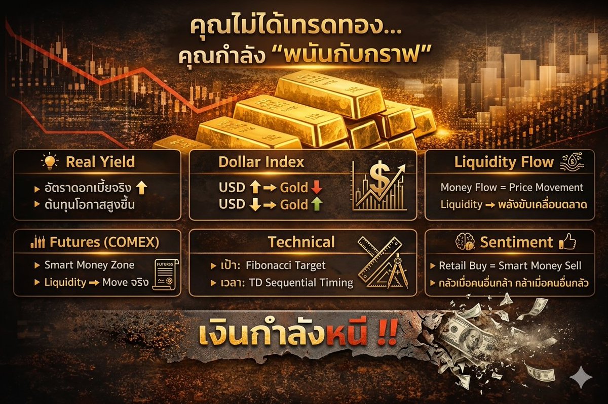 “99% ของคนติดดอยทอง เพราะไม่เคยดูสิ่งนี้”
🔥 “อย่าดูแค่กราฟ…ถ้าคุณยังไม่เข้าใจ 5 อย่างนี้ คุณกำลัง ‘เดาทอง’ ไม่ใช่ ‘เทรดทอง’”
คนส่วนใหญ่ที่ “ติดดอยทอง”
 ไม่ได้แพ้ตลาด…
 แต่แพ้ “ความเข้าใจผิดของตัวเอง”
ทองไม่ใช่แค่เส้นขึ้นลง
 แต่มันคือ “สมรภูมิของเงินโลก”
⚔️ 5 สิ่งที่ “ตัวจริง”