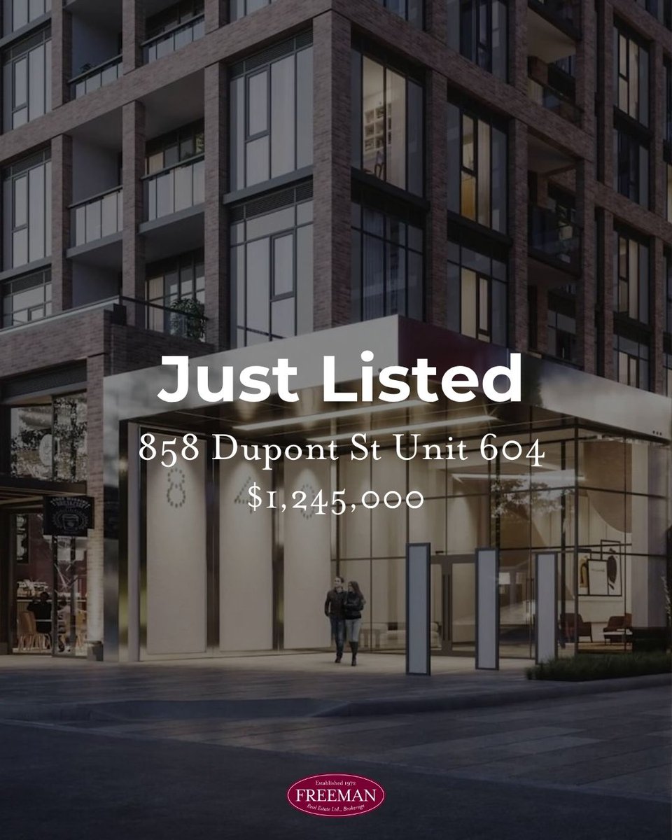 Freeman_Realty's tweet photo. Just Listed: 858 Dupont St #604 — $1,245,000
Rare corner suite at Tridel's The Dupont Residences. South &amp; west views, 3 bed or 2+den, rooftop pool &amp; amenities. Assignment sale, closing June 2026.

Listed by: Michael Gennis https://t.co/Rx5JunwPnX