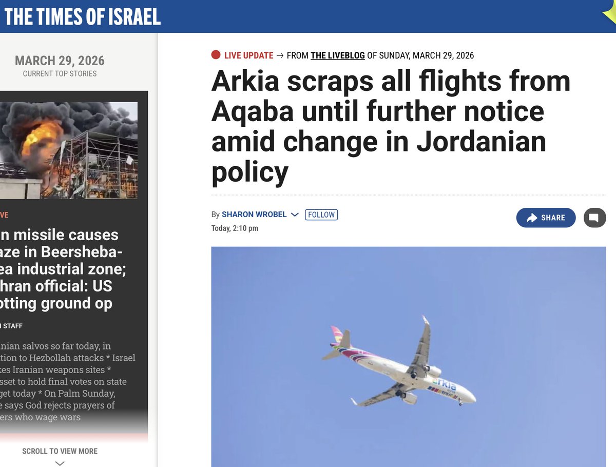 AliAbunimah's tweet photo. تُفيد وسائل إعلام إسرائيلية أنه "بعد تغيير مفاجئ في السياسة"، منعت السلطات الأردنية شركة أركيا، ثاني أكبر شركة طيران إسرائيلية، من تشغيل رحلاتها من العقبة، ما ترك مئات الركاب الإسرائيليين عالقين في العقبة. وكان قد أُفيد الأسبوع الماضي بأن أركيا كانت تعتزم تسيير رحلات مجدولة إلى نيويورك وبانكوك من المطار الأردني، بعدما أصبحت مطارات كيان الإبادة خارج الخدمة بسبب الضربات الإيرانية. هل يمكن أن يكون للرأي العام الأردني دور في هذا التصحيح للسياسة؟