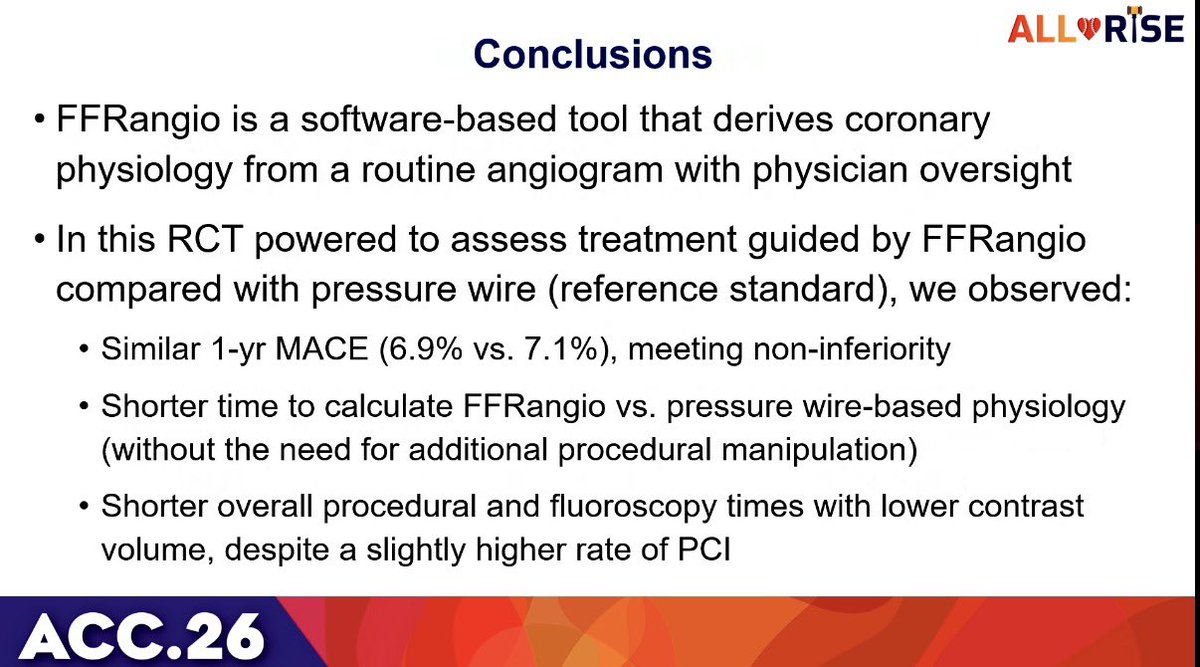 DrMarthaGulati's tweet photo. Do we still need pressure wires to guide PCI?

#ALLRISE trial compares angiography-derived physiology vs wire-based assessment.

Is FFRangio better than a pressure wire approach? Is it ready for prime time?

➡️ Key results: 
🎷FFRangio 🆚 pressure wire: shorter time of procedure and same MACE outcomes at 1 year 
🎷 Shorter time, ⤵️ fluoro ⤵️ contrast use

25% 💃🏻
#ACC26 #PCI #LBCT #CardioTwitter @NEJM 
📎 https://t.co/ikH9K5gFUI