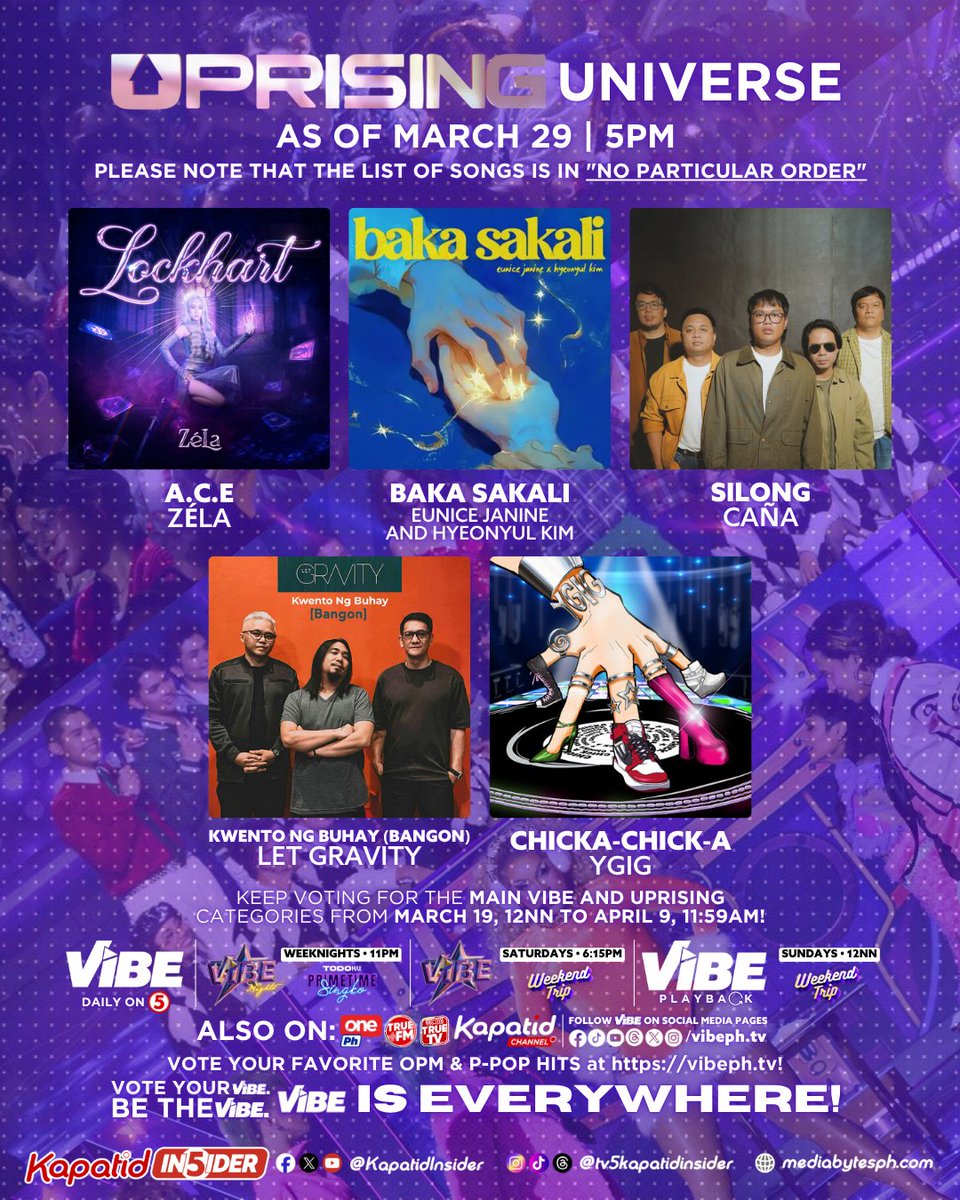 EXCITING SUNDAY ang sasainyo mga VHIES! 🤩 Kaya narito na ang ating UPRISING UNIVERSE in a NO PARTICULAR ORDER! 🙌

Tumutok lang sa <a href="/vibephtv/">vibeph.tv</a>, dito sa TV5, One PH, 105.9 True FM, True TV at Kapatid Channel!

Vote your VIBE.
Be the VIBE.
VIBE is EVERYWHERE!

#VibePH #VibeTV5