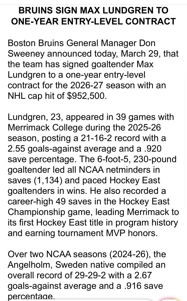 RochieWBZ's tweet photo. Bruins announce the signing of @Merrimack_MIH Goalie Max Lundgren - @NHLBruins @wbz @hockey_east https://t.co/c1HBajNfts