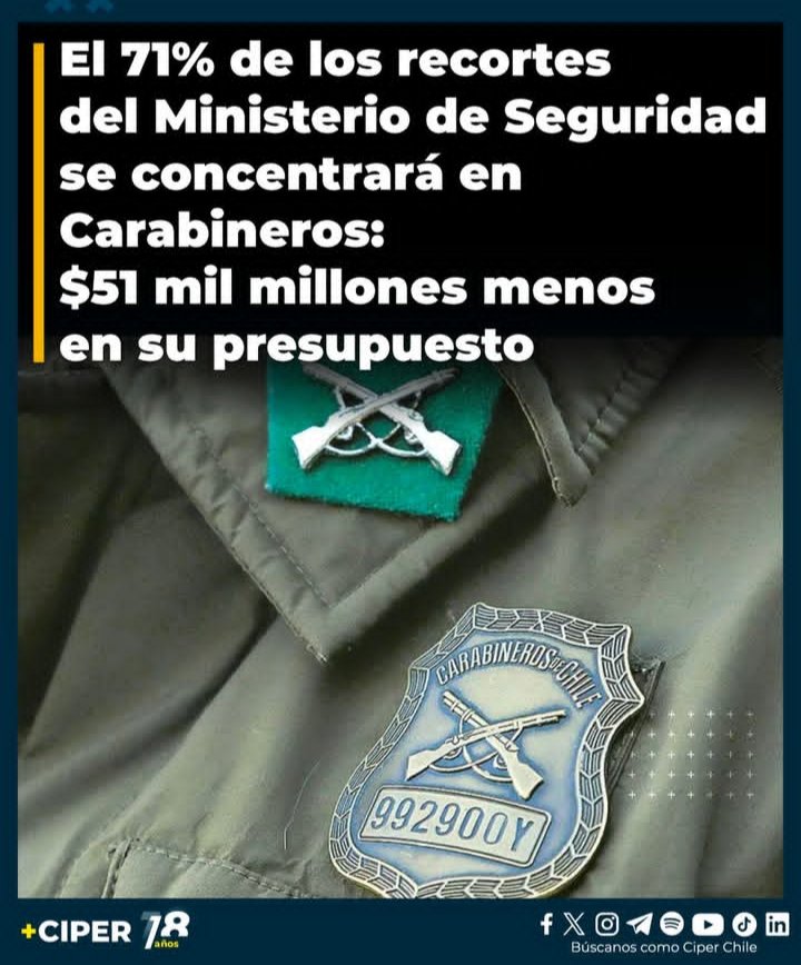 <a href="/latercera/">La Tercera</a> 🚨
"Los chilenos votaron pensando que la seguridad sería prioridad": Fuertes críticas por recorte del Gobierno de 72 mil millones en Seguridad.

#enacional #EstadoNacional
#MesaCentral

<a href="/El_Ciudadano/">El Ciudadano</a> <a href="/ciper/">CIPER Chile</a> Chile