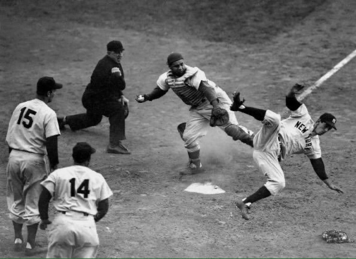 sigg20's tweet image. “Old Days”Roy Campanella sends Billy Martin flying after tagging him out during game 4 of the 1953 Yankee-Dodger World Series at Ebbets Field.#Dodgers    #Brooklyn #Yankees #nyc #1950s