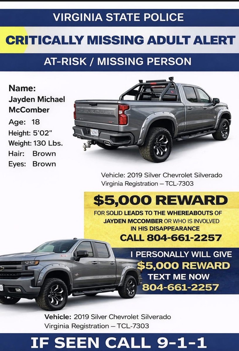 alerts.Vsp.Virginia.gov 
His truck was picked up on a flock camera on Virginia Beach Blve, Virginia Beach 2 days ago 
<a href="/VBPD/">Virginia Beach Police Department</a>