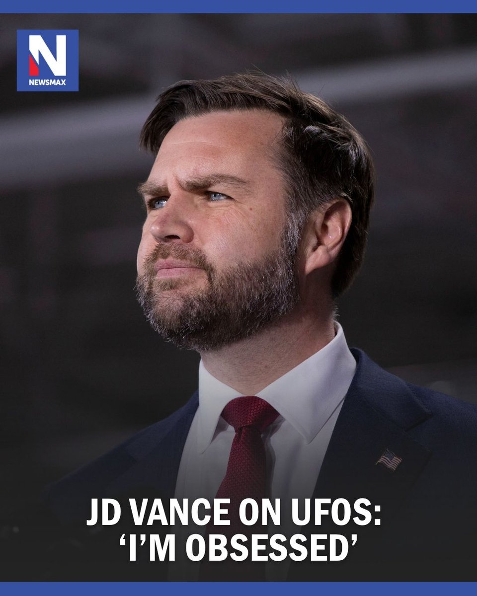 NEWSMAX's tweet photo. Vice President JD Vance said he is obsessed with unidentified flying objects and plans to review the government's most highly classified files on them before leaving office, while describing the phenomena as demonic rather than extraterrestrial. MORE: https://t.co/Xnv498mStM https://t.co/77EECzDv3F