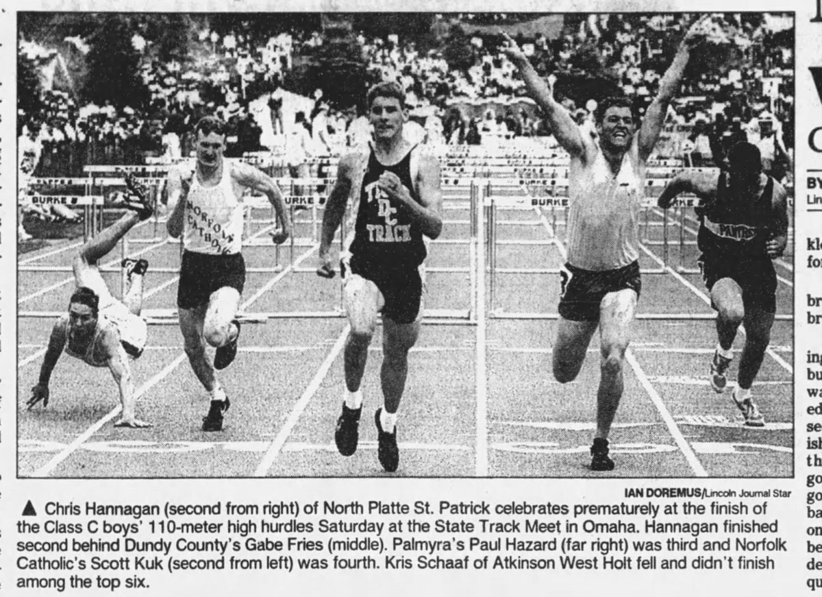 Dundy County's Gabe Fries takes a slit-second finish win in the 1997 Class C high hurdles ahead of athletes from West Holt, Norfolk Catholic, North Platte St. Pat's, and Palmyra. (LJS photo)