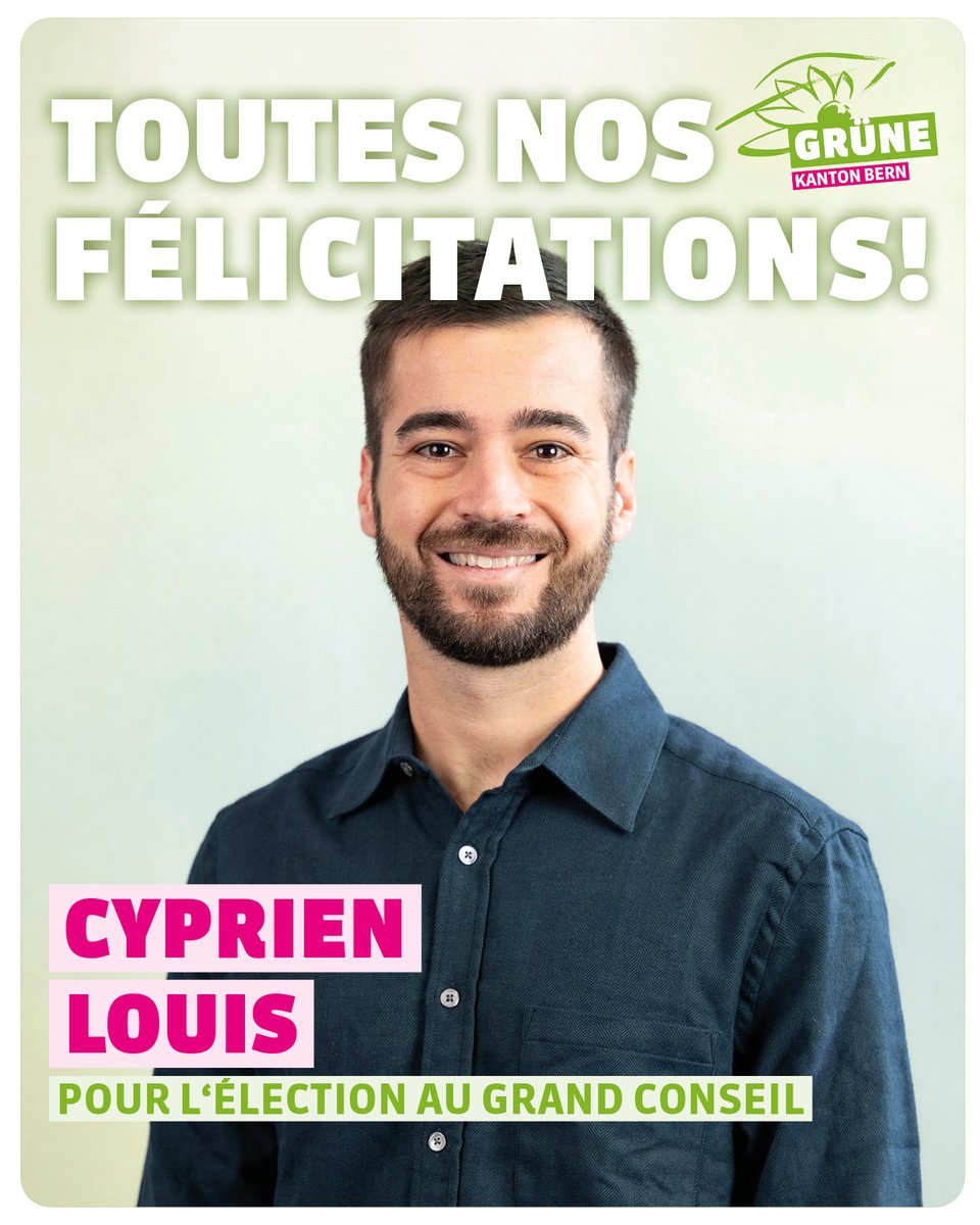 gruenebern's tweet photo. #succèsvert dans le Jura bernois 💚 Nous félicitons Cyprien Louis (@_6pri1_) pour son élection au Grand Conseil! 🎊 https://t.co/ecreHAhdIT