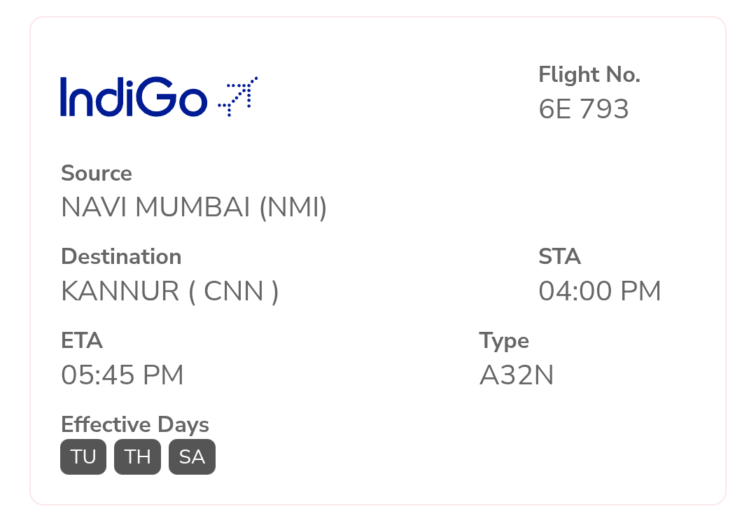 Navi Mumbai - Kannur from March 31, 2026
Screenshots from FR24/KIAL website

• 3 flights a week to/from Navi Mumbai 
• 4 flights a week to/from Mumbai

#KannurAirport #kannurinternationalairport #kannur #indigoairlines #NaviMumbaiAirport #kannurnews #airportCNN #vokncnn