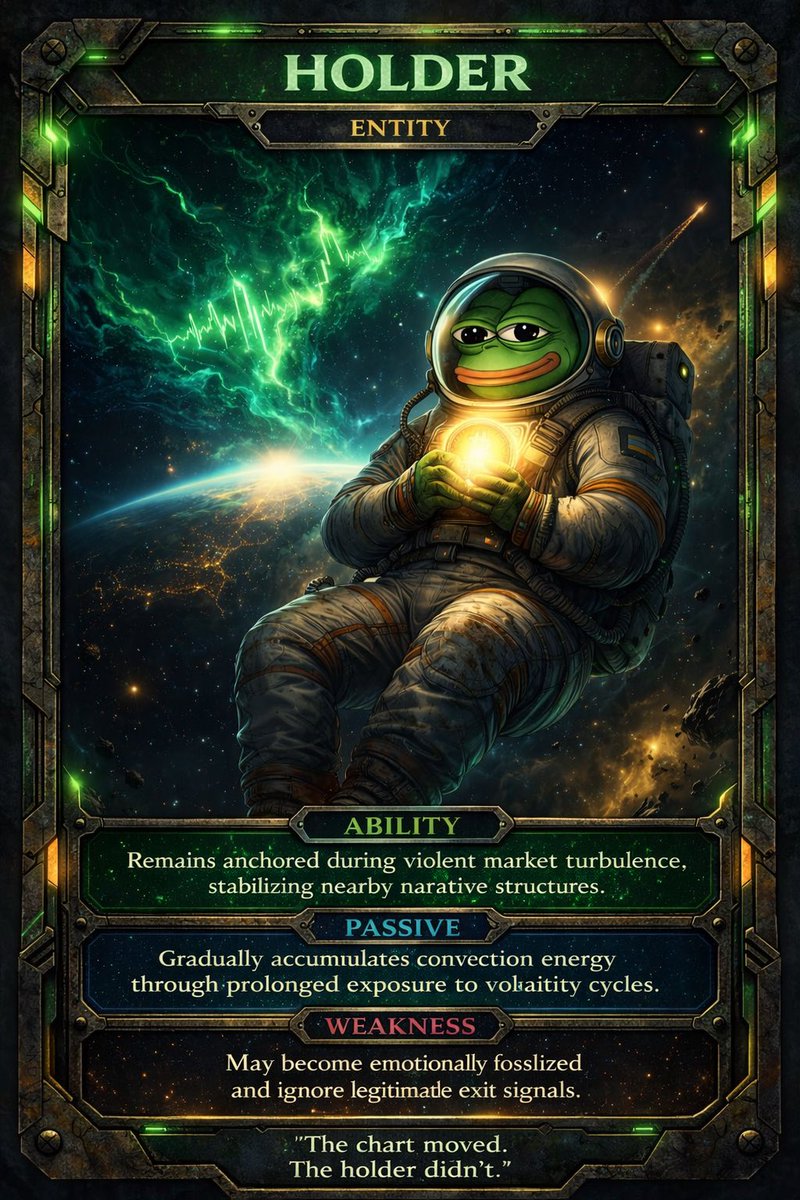 🧠🔒 Brainlock observation log…
Pepu Ecosystem Cards

Chart: *down*
Holder: “buying opportunity”

Chart: *more down*
Holder: “accumulating”

Chart: *even more down*
Holder: “conviction”

HOLDER is not a strategy.
It’s a lifestyle.

Chart: *still down*
Holder: "still here"