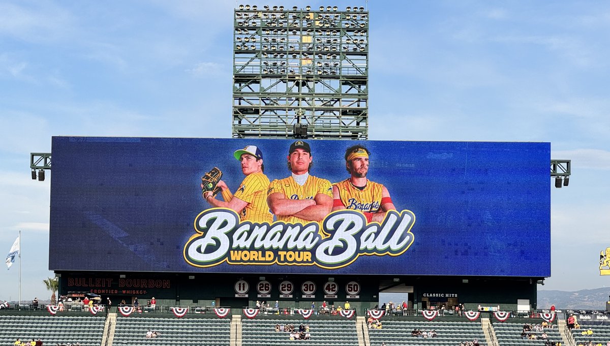 DCPDad's tweet photo. Took a handful of my grandkids to see the @TheSavBananas at Angel Stadium. What a night. 

Baseball, yes—but also nonstop laughs, dancing, and memories I know they’ll hang onto.

Proof that when you focus on joy and experience, everyone wins. 🍌⚾ Thank you @YellowTuxJesse https://t.co/7EoLDwytR2