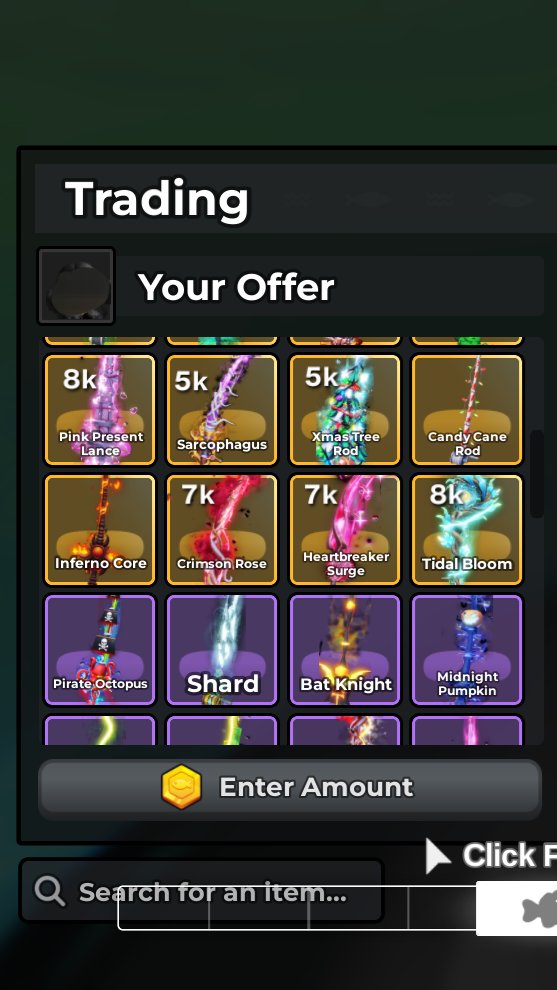 primlevy's tweet photo. wts skin rod fish it

eclipse katana 60k
royal spider 12k
tidal bloom, pink present lance (8k/ea)
timeless, nox aeterna, crimson rose, heartbreaker surge (7k/ea)
neptune's trident, gravedigger, crowned hacker, sarcophagus, xmas tree (5k/ea)

avail qris &amp; rekber komun only https://t.co/etkGkUAAqx