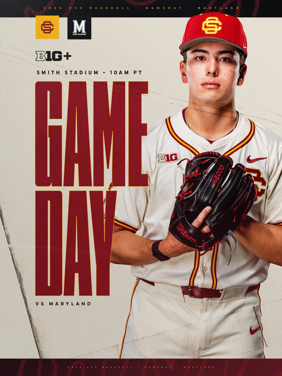 USC_Baseball's tweet photo. Rubber match 😤⚔️✌️

⌚️ 10:00 am PT / 1:00 PM ET 
📍 College Park, MD
🆚 Maryland
📺 B1G+ https://t.co/UNmGIylxLk

#FightOn x #GameDay https://t.co/5FC4OiCXBq