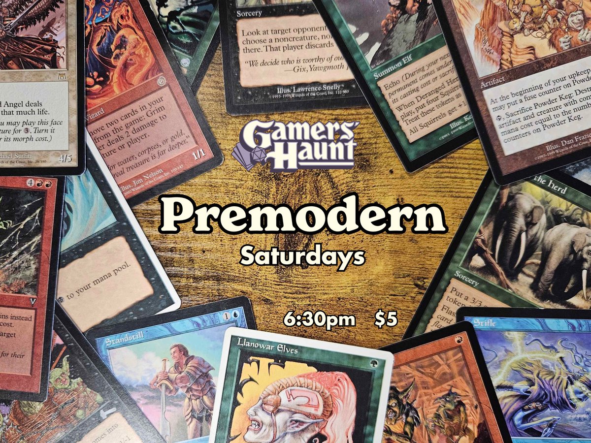 We’re getting excited for our first Premodern night this coming Saturday, so we’re giving away an artist-signed Hypnotic Specter to the winner!

Ol’ Hippie is a legit threat in this old-school format, esp after a turn-1 Dark Ritual—bringing back some memories with these cards.