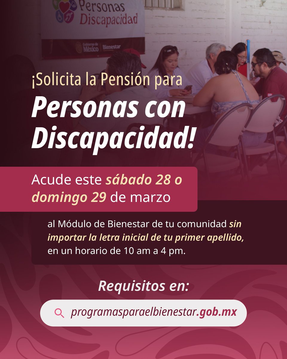 📢 La #PensiónDiscapacidad sigue recibiendo este fin de semana solicitudes. 👩🏻‍🦯✨

📅 Acude este domingo, sin importar la letra inicial de tu primer apellido.

Consulta aquí los requisitos y las edades: tinyurl.com/PCDRegistroMar…