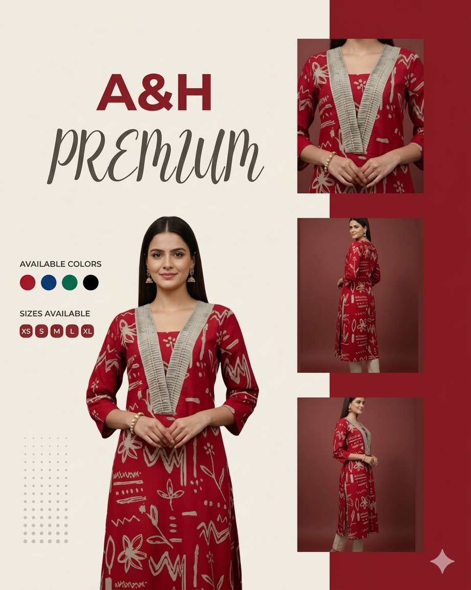 auqibhabib's tweet photo. Google Gemini Nano Banana 2 🍌 

Prompt:
A professional fashion catalog layout on a textured cream and deep maroon-red background. The main heading on the left reads "A&H PREMIUM" in a rich maroon color, using a mix of a bold sans-serif font and a sophisticated grey script font. Below the heading is a full-length photo of a smiling woman wearing an A-line red kurta with off-white abstract floral and geometric prints, and a textured off-white V-neck placket. She wears traditional gold jhumka earrings and a gold bracelet. Below her photo, on the left, are two sections with small icons: "AVAILABLE COLORS" with four color circles (Red, Blue, Green, Black), and "SIZES AVAILABLE" with five size icons (XS, S, M, L, XL). The bottom-left corner has a small dotted texture grid. The right column (the maroon-red background) contains three stacked smaller inset photos of the same woman. The top inset is a close-up of her upper body in the same outfit, hands clasped. The middle inset shows her full body from a three-quarter back view, modeling the dress. The bottom inset shows her full body from a three-quarter front view, matching the main image. The overall style is clean, modern, and professional.