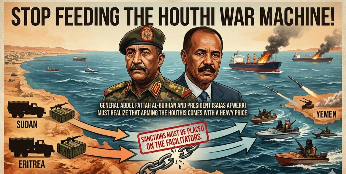 FinfinneeFreePo's tweet photo. Stop Feeding the Houthi War Machine! 
Sanctions must be placed on the facilitators. General Abdel Fattah al-Burhan and President Isaias Afwerki must realize that arming the Houthis comes with a heavy price.
#RedSeaCrisis #Sudan #Eritrea https://t.co/6YS8JXBlci