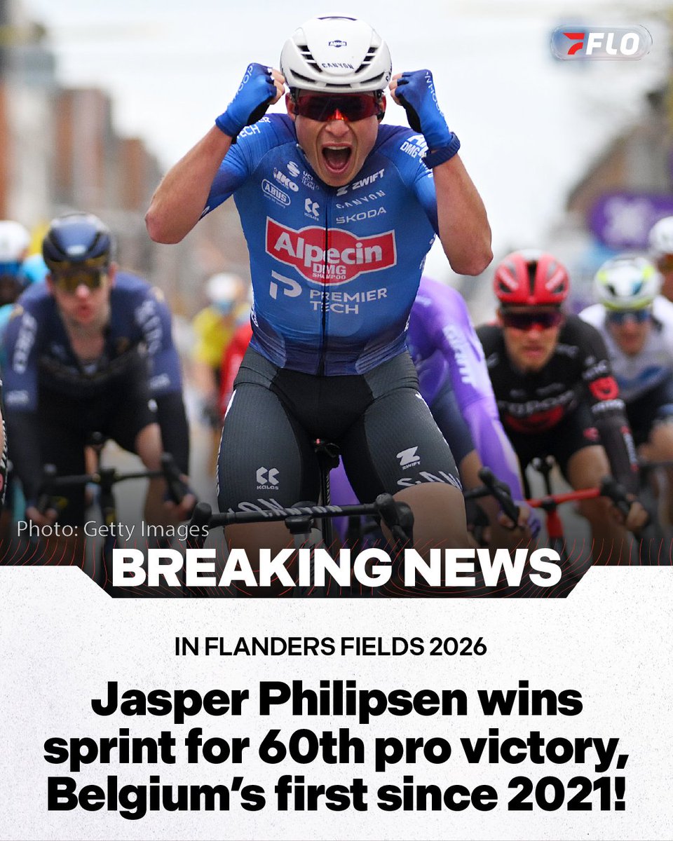 flobikes's tweet photo. Jasper Philipsen holds off Tobias Lund Andresen in sprint to win In Flanders Fields 2026 for his 60th pro victory. It's Belgium’s first win at the event since 2021. #FlandersFields https://t.co/LBYVjklelG
