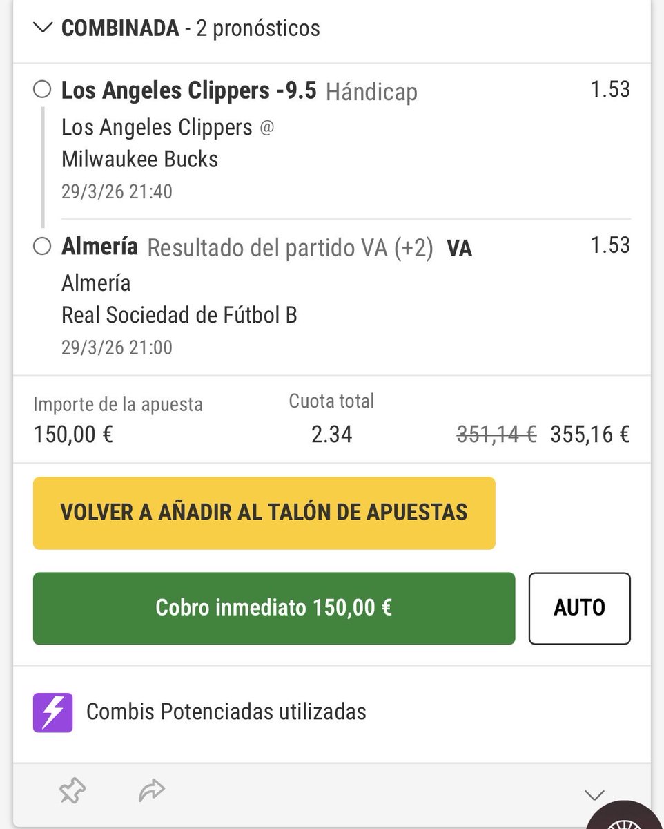 AMBet_Oficial's tweet image. 🚨💣 COMBINADA 🔥🚨  

Clippers -9.5 🏀  
Almería gana ⚽️  

Cuota 2.34 📈  

Lectura clara 👀🔥  

Explicación en Telegram 📲  
Activa notificaciones 🔔  

#AMBets #ApuestasDeportivas #Combinada #Tipster #ValueBet #Betting #Ganancias #Pronostico