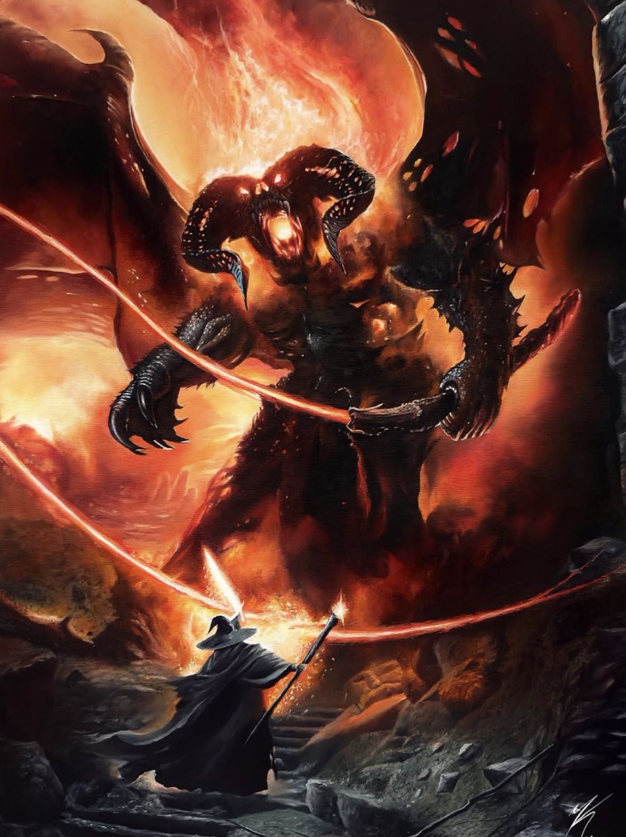 HPL_JDeLaughter's tweet image. ⚔️🐉🔥The Balrog reached the bridge. Gandalf stood in the middle of the span, leaning on the staff in his left hand, 'You shall not pass,' he said. The orcs stood still &amp;amp; a dead silence fell🎨"Gandalf vs the Balrog" by Kowah Kowalski⚔️🐉🔥#LOTR #TheHobbit #JrrTolkien #Sauron