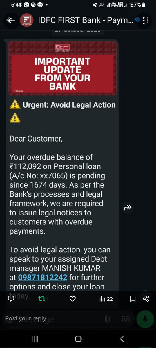 ManzuraliMulla's tweet photo. @IDFCFIRSTBank  @RBI @RBIsays @cpgrams @DFS_India  I was informed my wifes loan acc ending with 7065 and I was informed by Manish Kumar I will get noc in January,  still not recd and my wife is still getting msgs. https://t.co/2xWjiVrKzQ