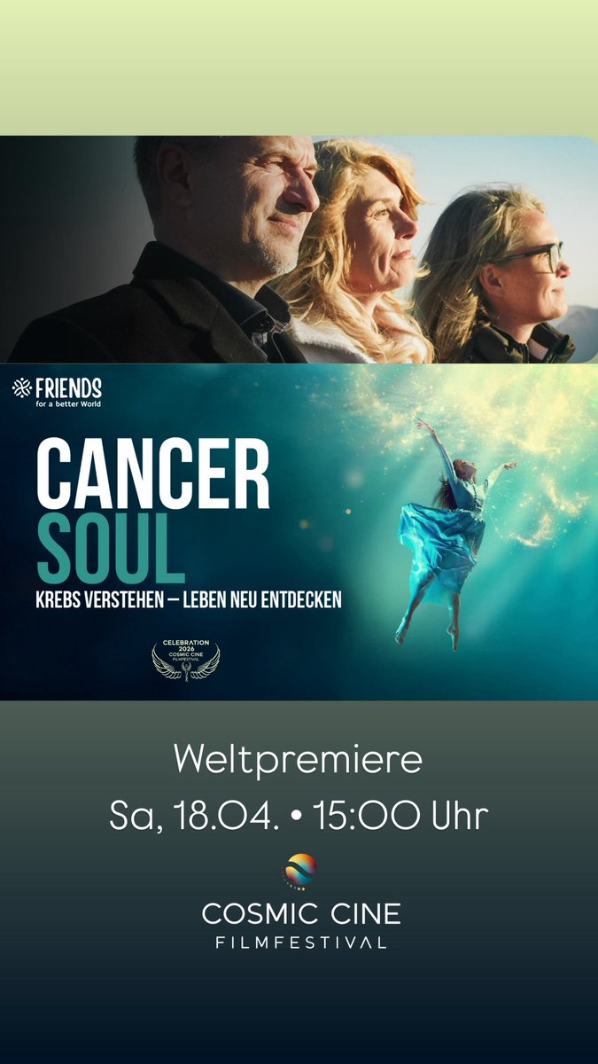 CosmicCine's tweet photo. Krebs neu zu verstehen, dazu lädt die Weltpremiere von CANCER SOUL ein. Renommierte Krebs-Experten, Aerzte, Heilpraktiker, Energetiker und Betroffene sprechen offen über Fragen, die viele Menschen bewegen: Warum entsteht Krebs?
Sa, 18.4 15 Uhr https://t.co/KroQ44XQ6Y
