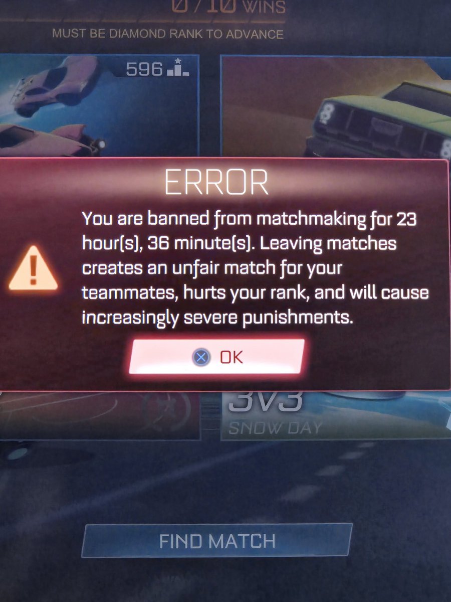 Millerman7669's tweet photo. @RocketLeague Maybe if you actually banned the guys that sit in the matches, running their mouths, helping the opposition, instead of who play the game right then get pissed when they get on your team the next game as well, this wouldn't happen. #EnforceYourRules https://t.co/u51nywEtqJ