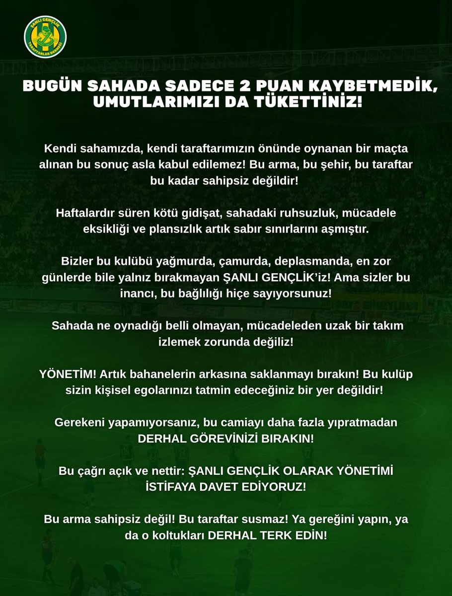 BUGÜN SAHADA SADECE 2 PUAN KAYBETMEDİK, UMUTLARIMIZI DA TÜKETTİNİZ!
Yönetim istifa <a href="/Sanliurfaspor/">Kızılkaya Tarım Şanlıurfaspor</a>