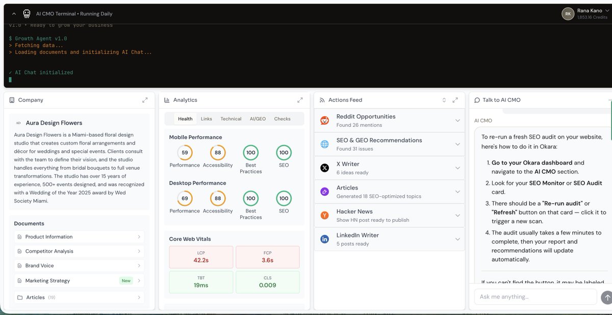 _mayakano's tweet photo. @fatimarizwan @askOkara @fatimarizwan how do i rerun the agent so i can get a new SEO report I can't seem to find the button https://t.co/JM5G7yZ1nz
