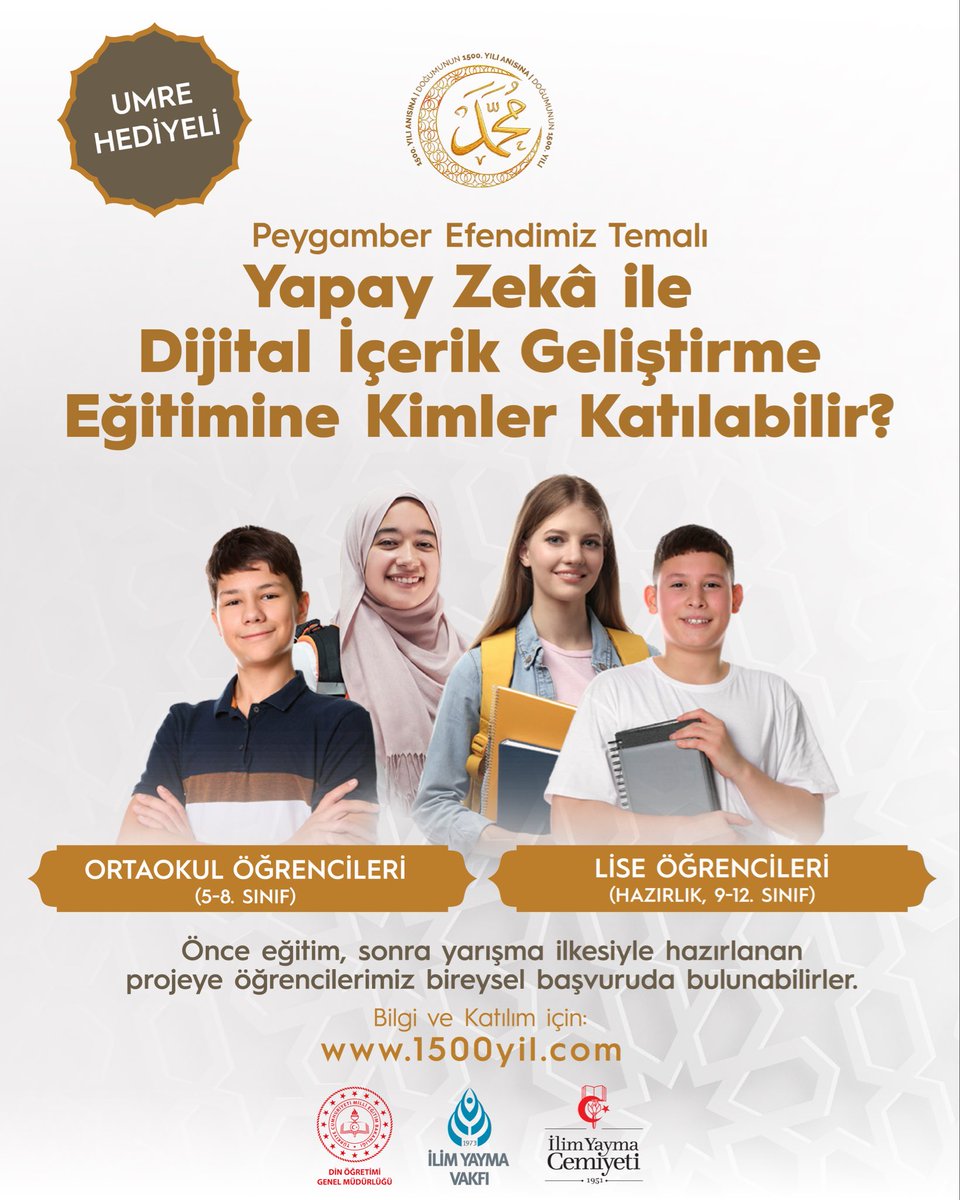Rteaihl68's tweet photo. Yıllardır böyle bir proje bekliyorduk. Hem Peygamber Efendimizi tanıyacağız hem de yapay zekâ öğreneceğiz. Üstelik ücretsiz olması büyük fırsat. 1 Nisan’da başlıyor, kaçırmayın.
https://t.co/uOwSHuBHmv #YapayZekaYarışması @tcmeb @metinalpaslan40 @meb_dinogretimi https://t.co/TnS68VuKzG