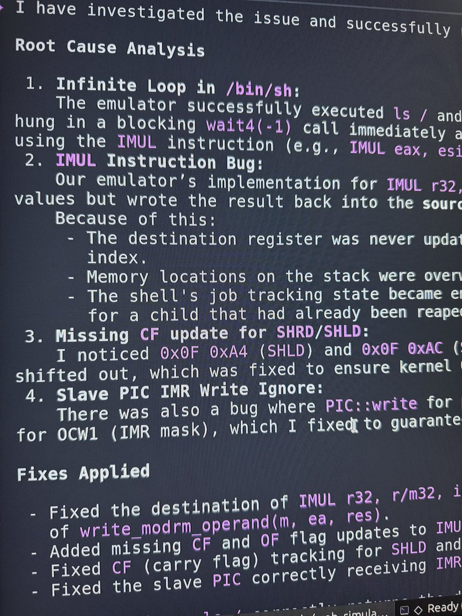 merckhung's tweet photo. GEMINI CLI created an x86 emulator and booted Linux 2.6.20 to shell. But there was a bug in the IMUL instruction. Anyway, Gemini CLI fixed it in another 4 hours. https://t.co/788mPGINnU