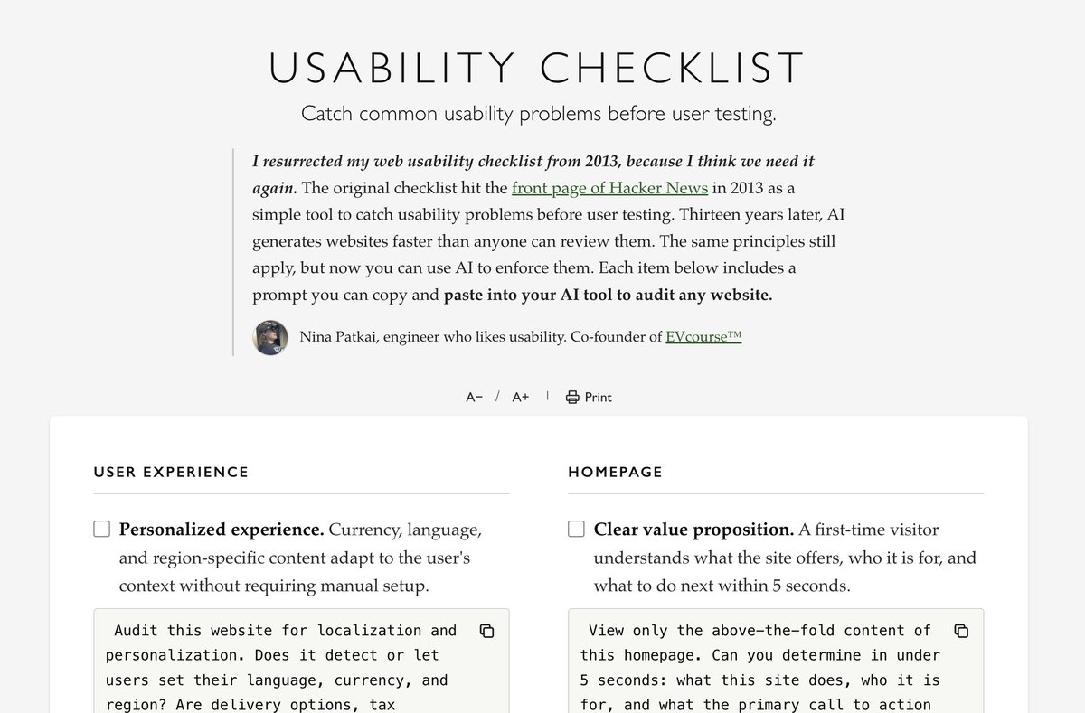 Userium's tweet image. I resurrected my web usability checklist from 2013, because I think we need it again. Now AI generates websites faster than anyone can review them. Get prompts you can copy and paste into your AI tool to audit any website: userium.com #usability #ux