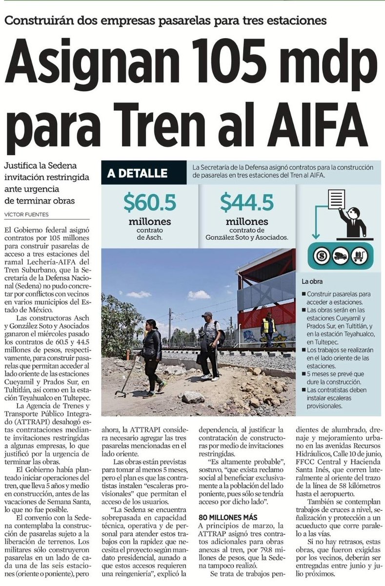 ¡ Finjamos sorpresa !

Porque nada grita tanto "ÉXITO" como gastar una fortuna en hacer un tren hacia un aeropuerto que nadie usa.

Saldrá más caro el tren al AIFA de lo que habían dicho. 

Gastarán 105 millones de pesos en pasarelas y escaleras PROVISIONALES.

👇