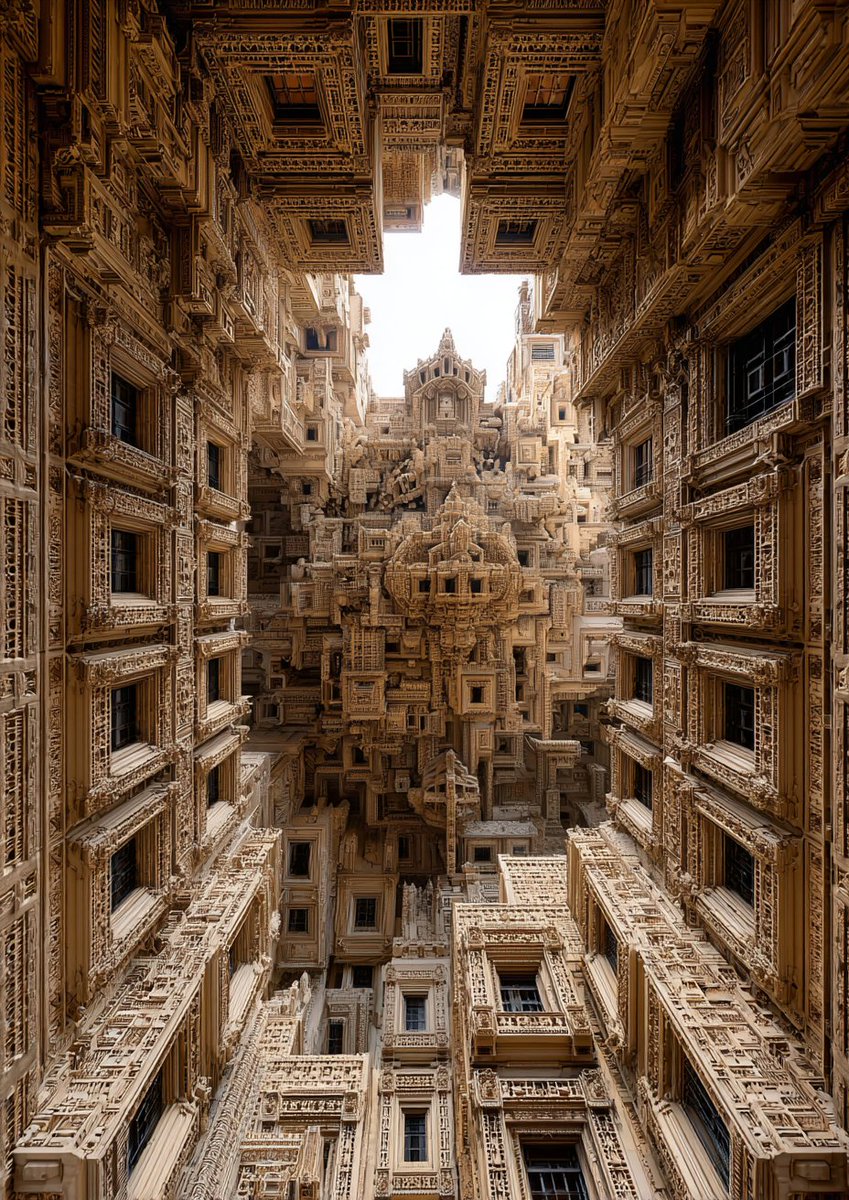 Tayacyun's tweet photo. #ComplexStructure #AIart #Rhyshne

積み上げられたのは、建物か、それとも時間か。
同じ形を繰り返しながら、
少しずつ歪み、崩れ、中心へと収束していく。
見上げるほどに、
自分の輪郭がほどけていくような場所

Is it architecture, or is it time that has been stacked here?
Repeating the same forms,
yet slowly distorting, collapsing,
and converging toward the center.
The more you look up,
the more your sense of self begins to dissolve.