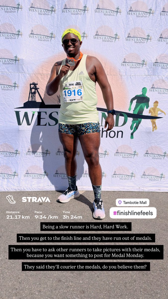 Half Marathon for March ☑️

Then we cross the finish line 🏁 and there were no medals 😫

But it was a good morning at the West Rand Marathon, a bit of a lonely half marathon though.