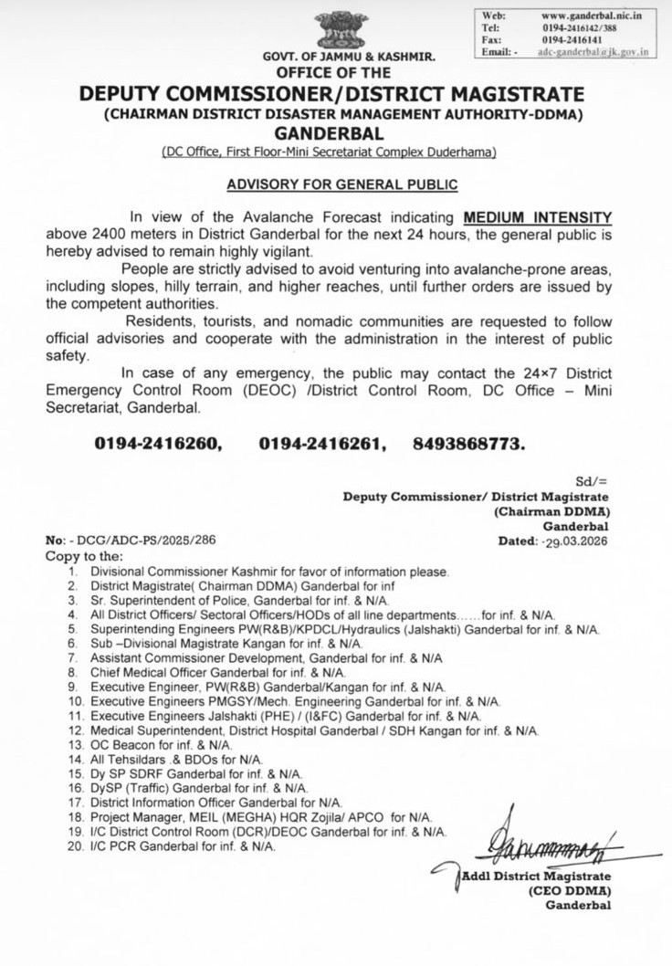 jkmediasocial's tweet image. DC Ganderbal Issues Avalanche Advisory for Next 24 Hours

#Ganderbal #Avalanche #Advisory #JammuAndKashmir