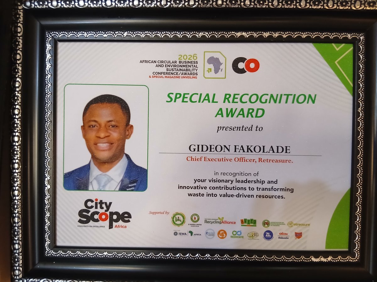 gideonsimo's tweet photo. Honoured to receive the Special Recognition Award at #AfCBC2026 by City Scope Africa. A shared win for the Retreasure community advancing #CircularEconomy &amp; #WasteToValue in Africa. Grateful for the platform, connections, and momentum toward scalable sustainability. 🌍♻️ https://t.co/WQg1fw6lfT