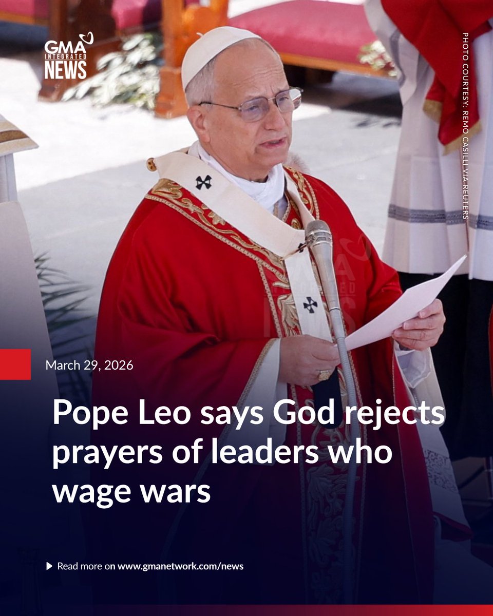 gmanews's tweet photo. Pope Leo said on Sunday that God rejects the prayers of leaders who start wars and have "hands full of blood," in unusually forceful remarks as the Iran war entered its second month.

Addressing tens of thousands of people in St. Peter's Square on Palm Sunday, the celebration that opens the holiest week of the year in the lead-up to Easter for the world's 1.4 billion Catholics, the pontiff said that Jesus cannot be used to justify any wars.

Read more:
https://t.co/nUpZoAZUo9