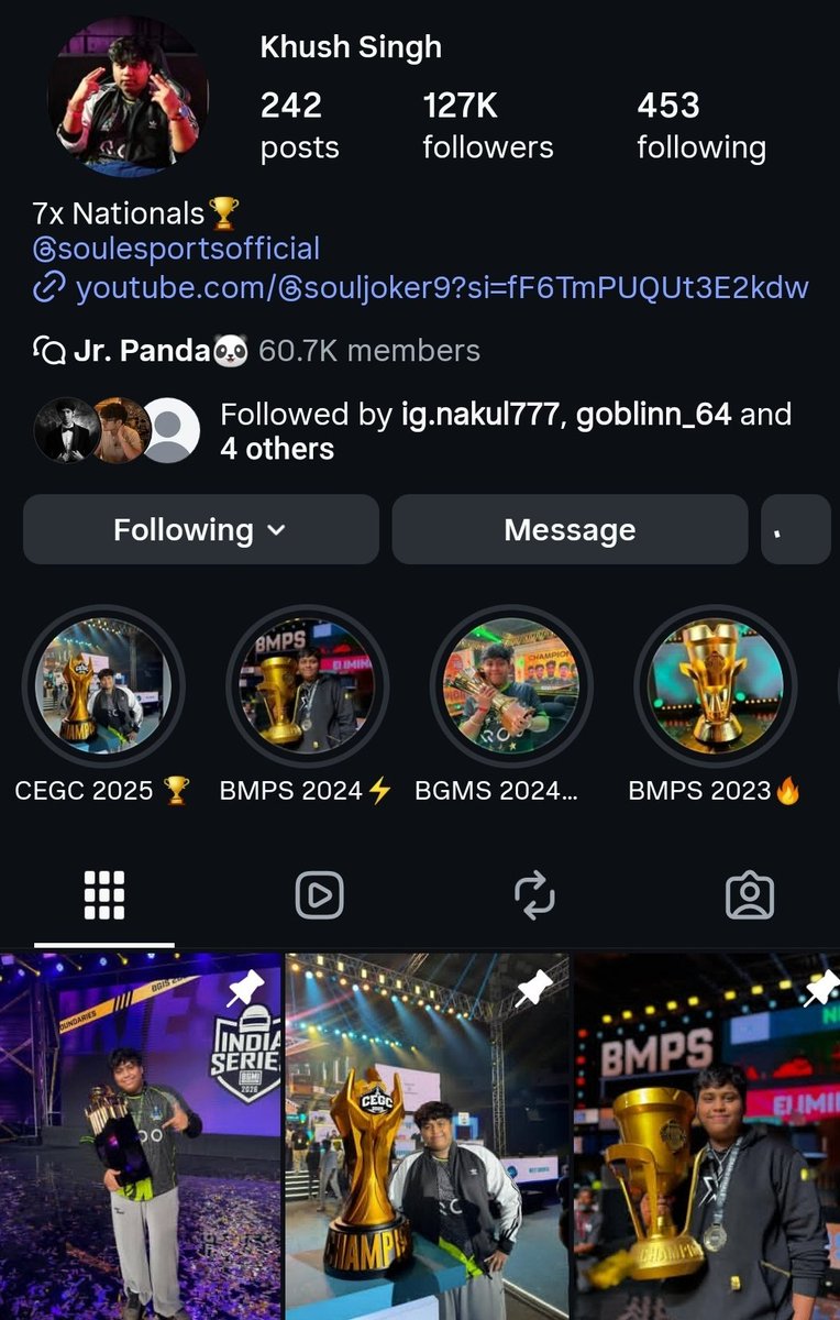 Bro literally got the greatest Instagram bio 🥶 
3 Officials Win
2 TV Lan Win
2 Sky Lan Win
Goat of Bgmi - Joker 🐼