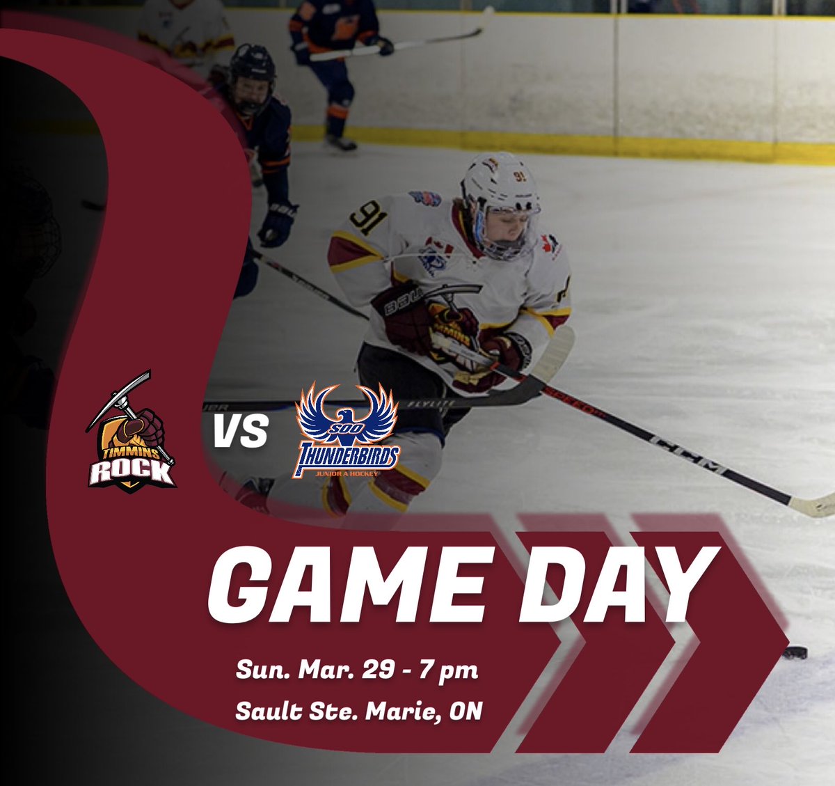 TimminsRock's tweet image. 📣 ITS PLAYOFF GAME DAY! 🚍

Your Timmins Rock are back in action tonight as they visit the Soo Thunderbirds in Game 6 of the NOJHL Quarterfinals - puck drop is 7pm🏒

(Rock lead the series 3-2)

Catch the action live on FloHockey🖥️

#OnTheRoadAgain #NOJHL #GoRockGo