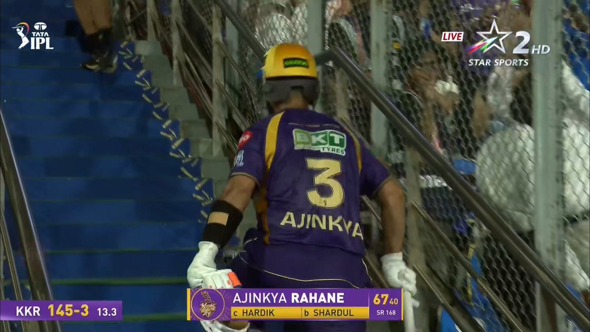 IPLFantasyHub's tweet photo. Shardul Thakur with his 3rd scalp! 🔥 

Ajinkya Rahane OUT for 67 (40)

c Hardik Pandya b Shardul Thakur

KKR 145/3 after 13.3 overs

#ipl2026 #FantasyCricket #IPLFantasy https://t.co/Faf5Wj3iuY